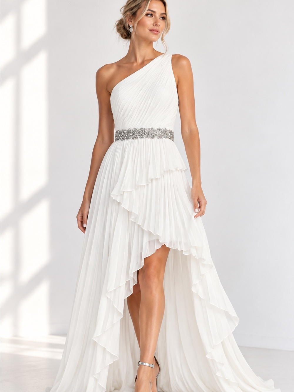 NWT Mac Duggal White One Shoulder Pleated Beaded High Low Gown Size 0